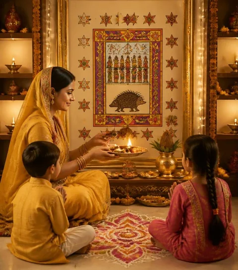 A mother offering a lamp-lit thali before an Ahoi Mata chart with a porcupine, stars and seven small figures, her son and daughter sitting beside her near a rangoli
