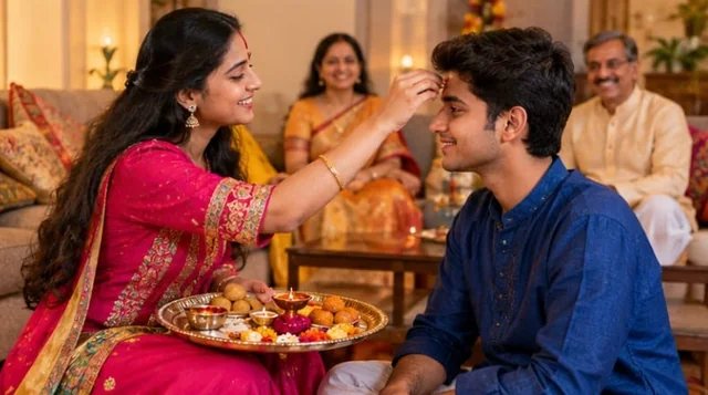 A sister applying tilak to her brother’s forehead while holding a thali of sweets and a diya, their parents smiling in the background