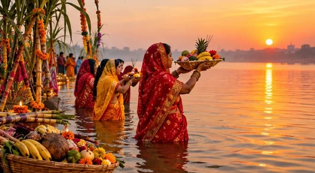 Women in saris standing in a river at sunset, holding baskets of fruit for arghya, with sugarcane and offerings on the bank