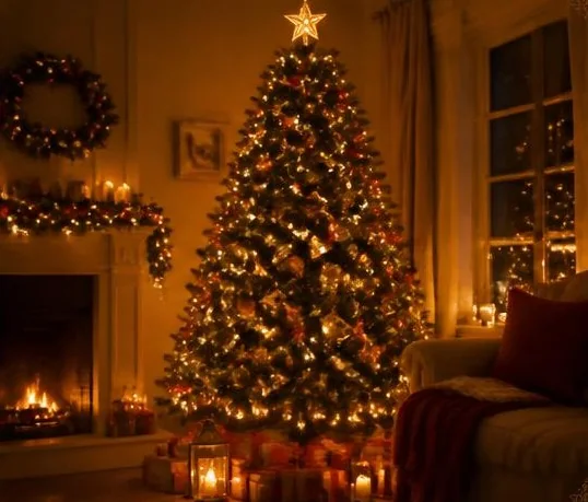 A Christmas tree with a star and lights beside a fireplace, a wreath, candles and wrapped gifts in a warmly lit room