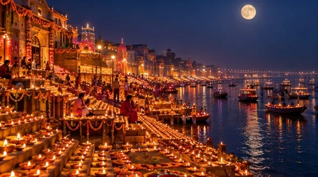 The ghats of Varanasi covered with lakhs of diyas under a full moon, with boats on the Ganga