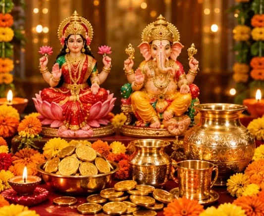 Idols of Goddess Lakshmi and Lord Ganesh with a bowl of gold coins, brass pots and a tumbler among marigolds and lit diyas