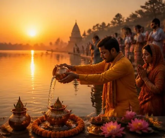 A man and woman offering arghya to the sun at a river at sunrise, with a kalash, lotuses and a marigold garland on the bank