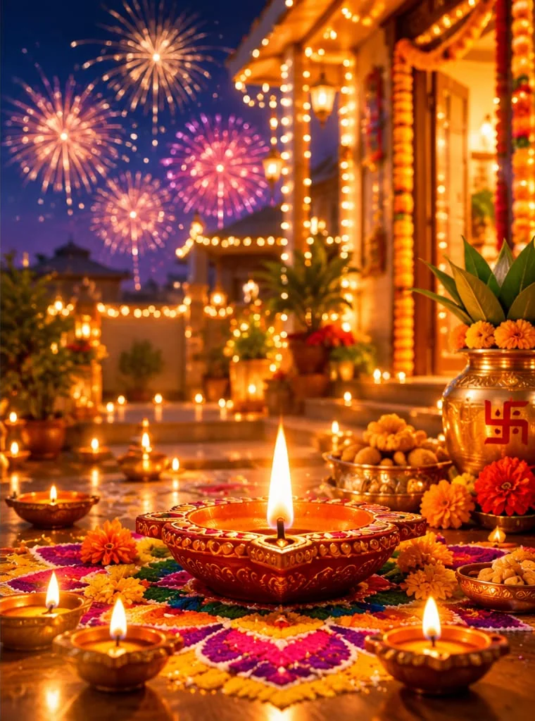 A home decorated for Diwali with strings of lights, marigold garlands, a large diya on a colourful rangoli, a kalash with a swastika, sweets and fireworks in the sky