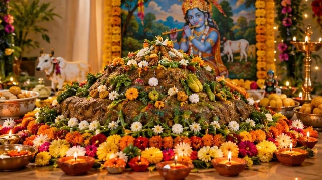 An Annakut mound of food decorated with flowers and ringed by diyas, in front of a painting of Krishna playing the flute beside a cow