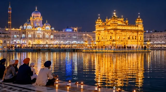 The Golden Temple in Amritsar lit up at night and reflected in the sarovar, with devotees sitting by the water among lamps