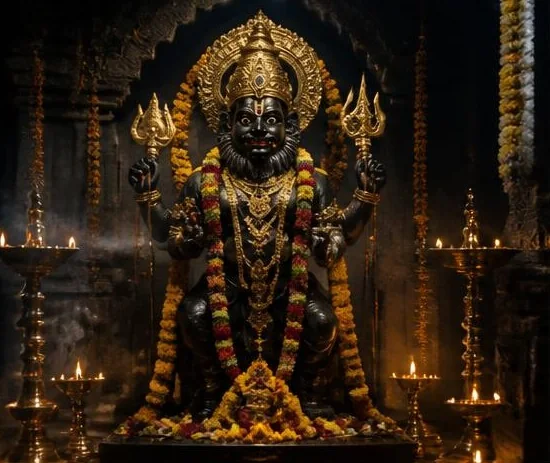 A dark idol of Lord Kalabhairav holding tridents, adorned with marigold garlands and lit by brass lamps in a temple