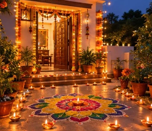 The entrance of a home lit with strings of lights and rows of diyas, with a colourful rangoli in the courtyard