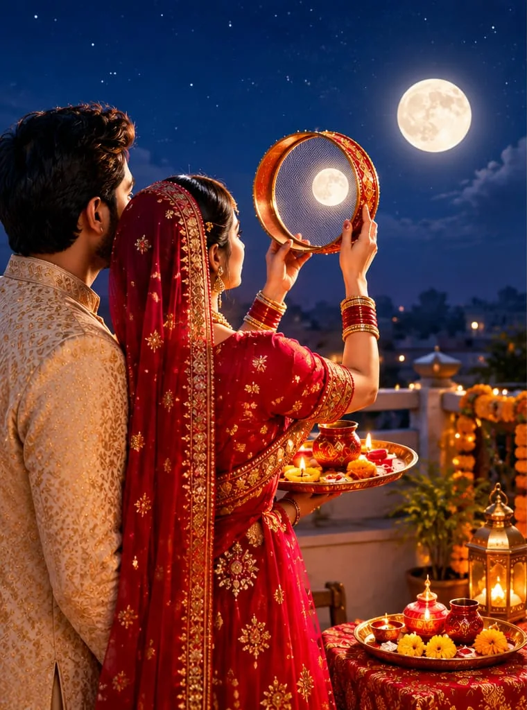 A married woman in a red bridal sari looks at the full moon through a sieve while holding a puja thali with a karwa and diya, her husband beside her on a lamp-lit terrace