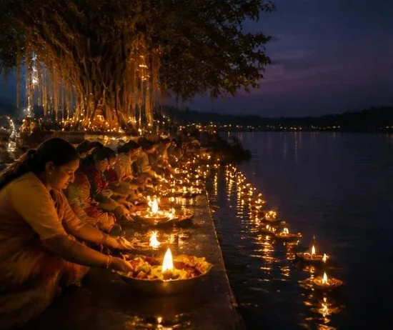 Women lighting rows of diyas on a riverbank under a large tree on a dark, moonless night
