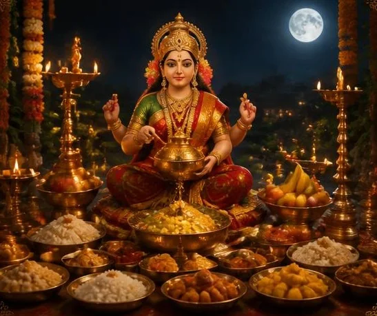 Goddess Annapurna seated with a ladle and a golden vessel, surrounded by bowls of rice and food under a full moon