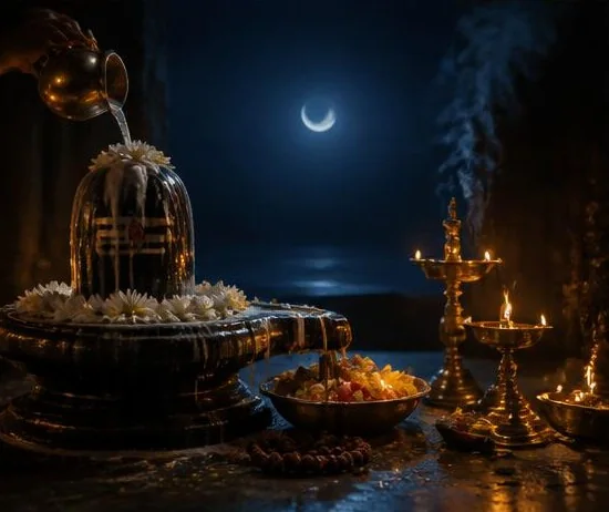 Water being poured over a Shivling at night under a thin crescent moon, with white flowers, brass lamps and rudraksha beads