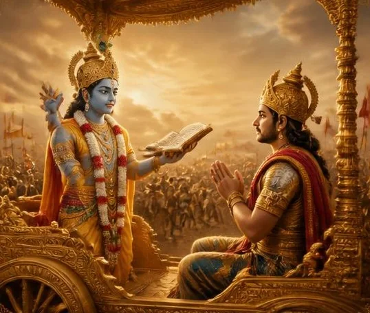 Lord Krishna in blue form holding a book and teaching Arjuna, who sits with folded hands on the chariot at Kurukshetra