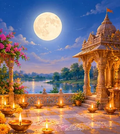 A temple by a lake on a full-moon night, with rows of lit diyas on the courtyard