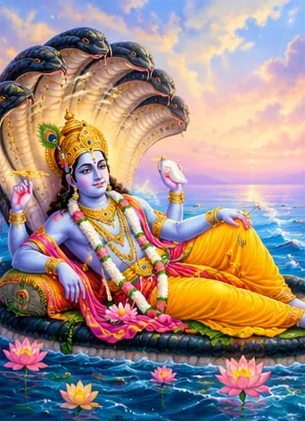 Lord Vishnu reclining on the coiled serpent Shesha above the ocean, with a conch in his hand and lotuses on the water