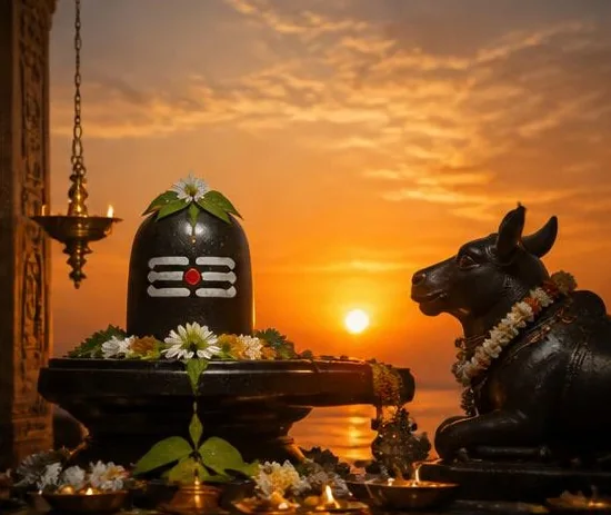 A Shivling decorated with bel leaves and white flowers at sunset, with Nandi facing it and a hanging brass lamp