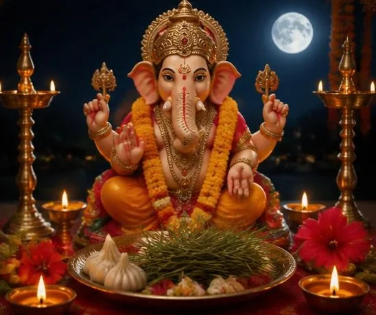 An idol of Lord Ganesh with a plate of modaks and durva grass, lit diyas and a full moon in the night sky
