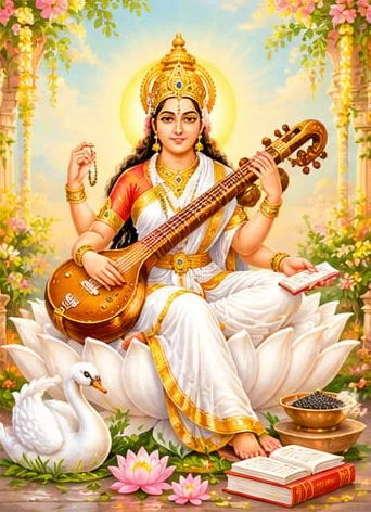 Goddess Saraswati in a white sari seated on a white lotus, playing the veena, with a swan, books and lotuses around her