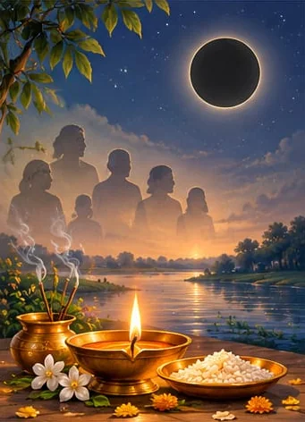 A brass diya, smoking incense and a bowl of rice offered on a riverbank at dusk under a dark new-moon sky, with faint figures of ancestors in the clouds