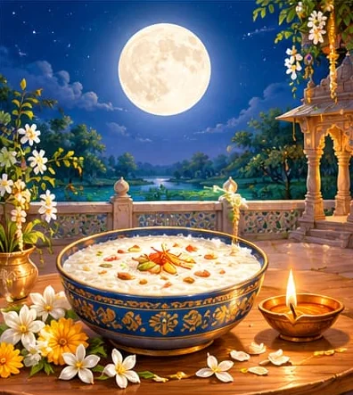 A bowl of rice kheer with saffron and dry fruit kept out under a bright full moon on a terrace, beside a diya and white flowers
