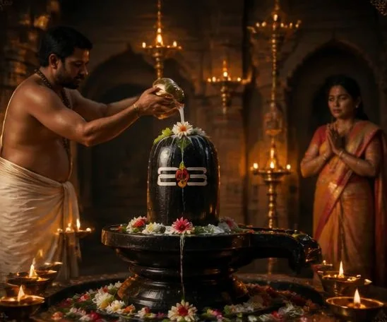 A priest pouring water over a flower-decked Shivling in a temple while a woman prays with folded hands beside brass lamps