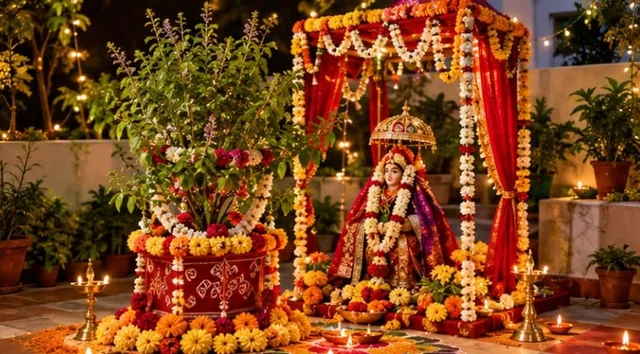 A tulsi plant decorated like a bride under a flower mandap, beside a garlanded idol in a red canopy, with diyas and rangoli