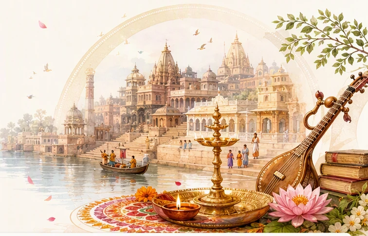 नदी किनारे मंदिरों और घाटों का जलरंग चित्र, सामने पीतल का दीपक, जलता दीया, रंगोली, कमल, वीणा और पुरानी किताबें