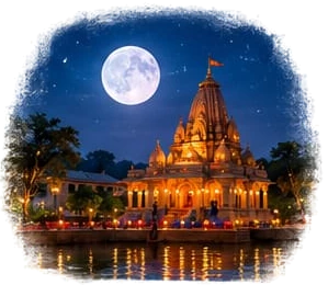 A bright full moon over a lamp-lit temple on a riverbank at night, its lights reflected in the water