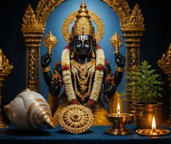 A dark idol of Lord Vishnu with a conch and chakra, garlanded with jasmine, beside a tulsi plant and lit diyas