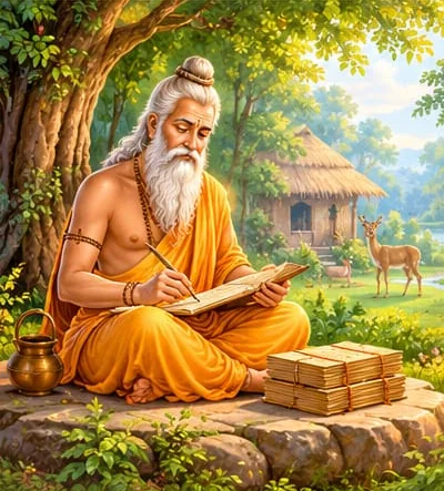 Maharishi Valmiki in saffron robes writing on palm-leaf pages beneath a tree outside his ashram, with a deer nearby