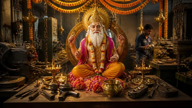 An idol of Lord Vishwakarma with a white beard and four arms holding tools, seated on a workbench among marigold garlands, brass lamps and hand tools in a workshop, with machines and a worker behind