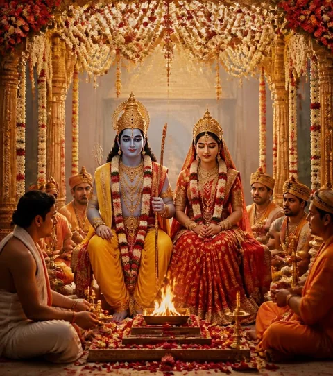 Lord Rama in blue form holding his bow, seated beside Sita as a bride under a flower mandap, with a priest tending the wedding havan