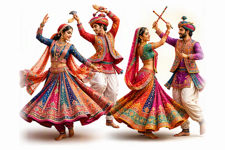 Two couples in bright chaniya cholis and kediyus playing Dandiya Raas with decorated sticks