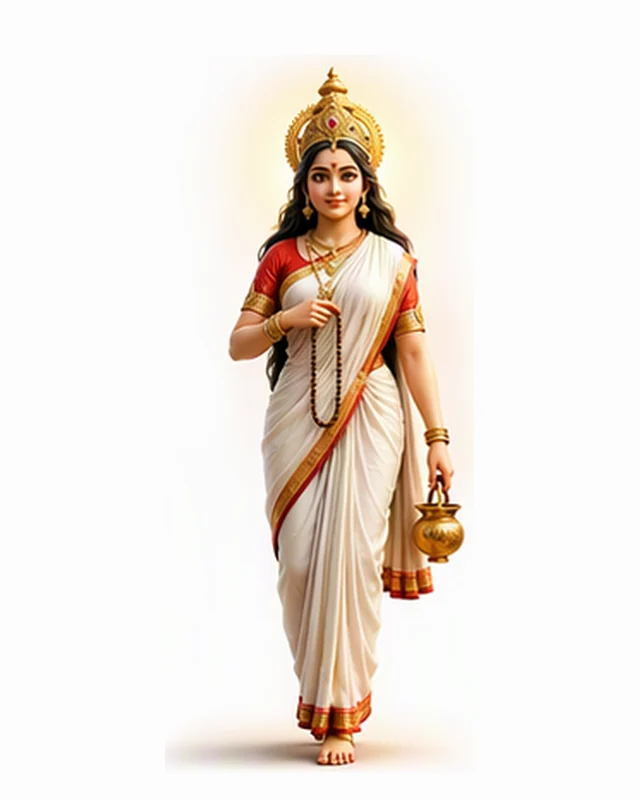 Maa Brahmacharini walking barefoot in a white saree with a red border, holding a rudraksha mala and a brass kamandal