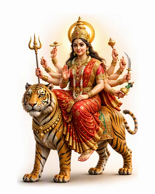 लाल साड़ी में दस भुजाओं वाली माँ चंद्रघंटा, हाथों में त्रिशूल, तलवार और घंटा, बाघ पर विराजमान