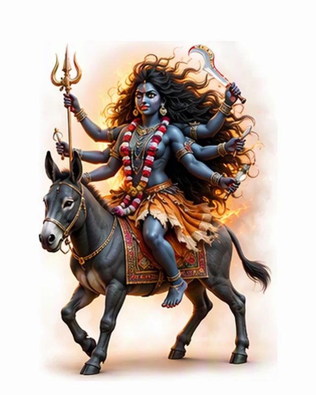 गहरे रंग और खुले बालों वाली माँ कालरात्रि, हाथों में त्रिशूल और खड्ग, गधे पर सवार
