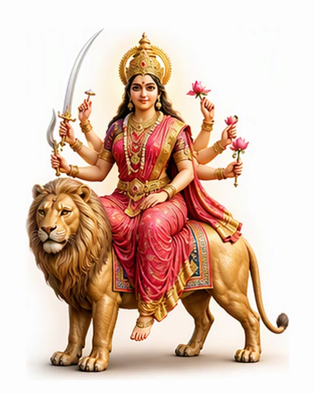 Maa Katyayani in a red and pink saree, holding a raised sword and lotuses, seated on her lion