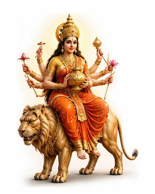 Eight-armed Maa Kushmanda in an orange saree, holding a kalash of nectar, lotuses and a chakra, seated on a lion