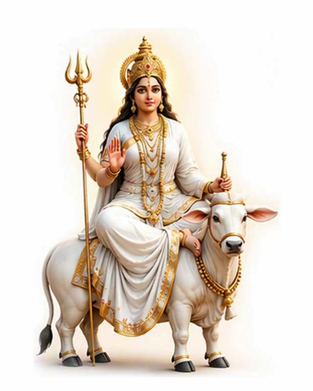 सफ़ेद साड़ी में त्रिशूल लिए और आशीर्वाद देती माँ महागौरी, सफ़ेद बैल पर विराजमान
