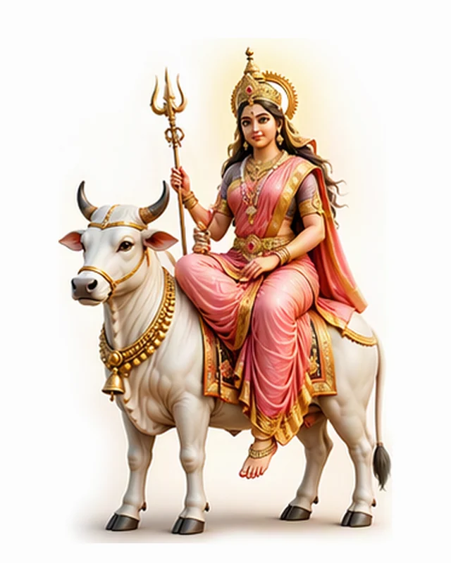 गुलाबी साड़ी और सुनहरे मुकुट में त्रिशूल लिए नंदी बैल पर विराजमान माँ शैलपुत्री