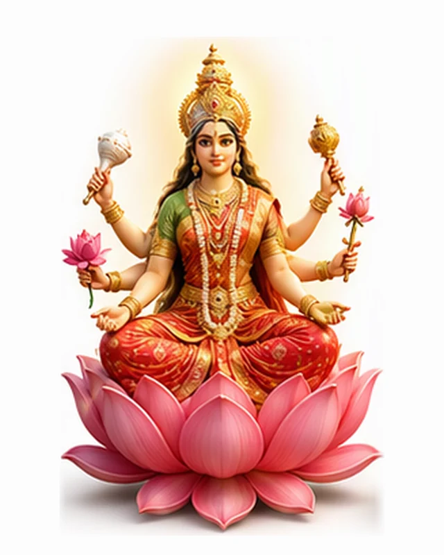 Maa Siddhidatri seated on a pink lotus, holding a conch, mace and lotus flowers, in a red and gold saree