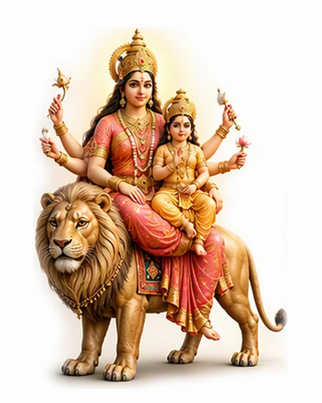 गोद में बाल स्कंद (कार्तिकेय) को लिए, ऊपरी हाथों में कमल, सिंह पर विराजमान माँ स्कंदमाता