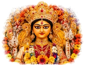 The face of a Maa Durga idol with a golden crown and jewellery, framed by marigolds, as she is welcomed at Bodhon