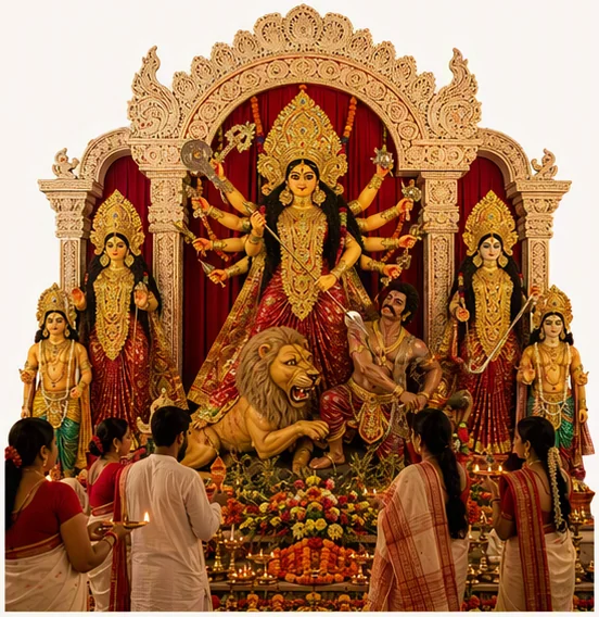 Devotees offering aarti before a Durga Puja pandal idol of Maa Durga slaying Mahishasura, with Lakshmi, Saraswati, Ganesh and Kartikeya beside her