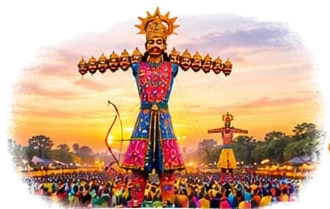 A tall Ravana effigy standing over a large crowd at a Dussehra ground at sunset