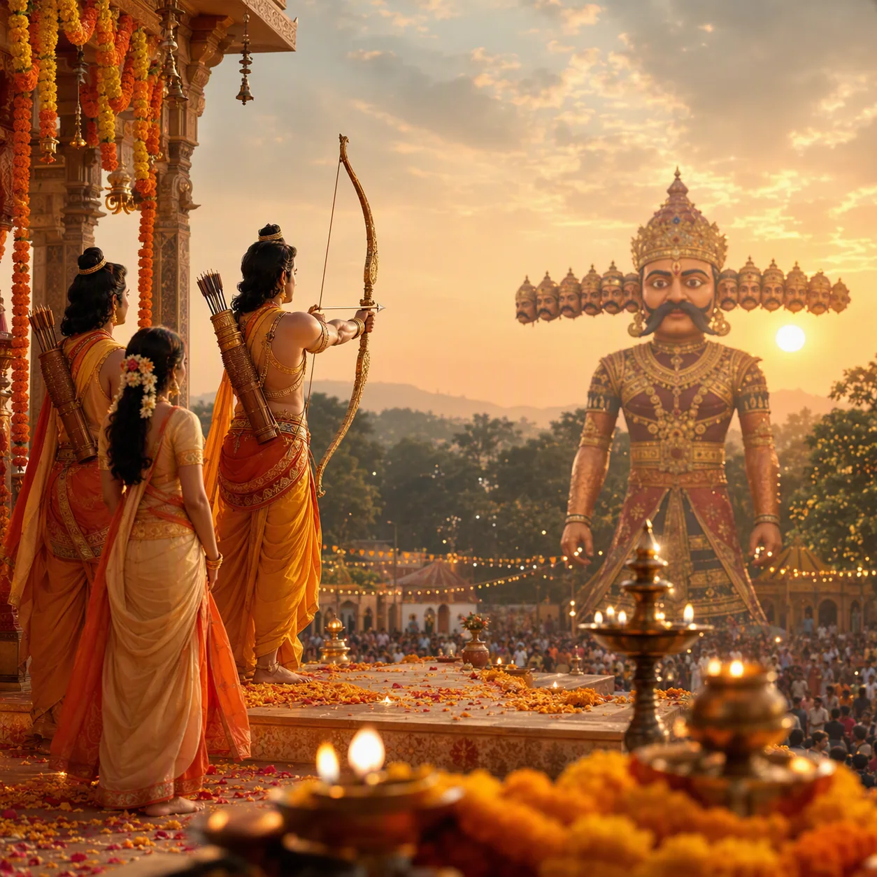 Lord Rama drawing his bow towards a giant ten-headed Ravana effigy at sunset, with Lakshmana and Sita beside him and diyas and marigolds in front