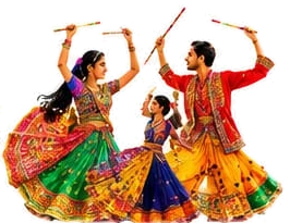 Dancers in bright chaniya cholis and kediyus swirling with dandiya sticks raised