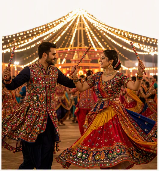 A couple in mirror-work kediyu and chaniya choli playing Dandiya under strings of lights at a crowded Garba night