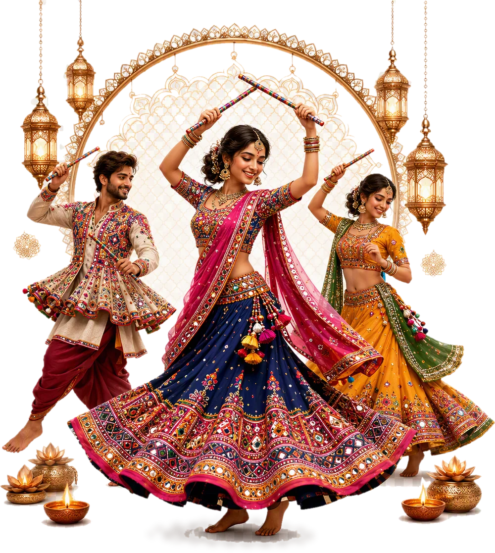 Three dancers playing Dandiya at a Garba night under a golden arch, with hanging lanterns and lit diyas