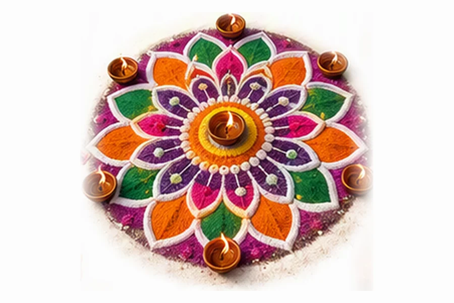 A round rangoli of orange, pink, purple and green petals with lit clay diyas placed around it and one in the centre